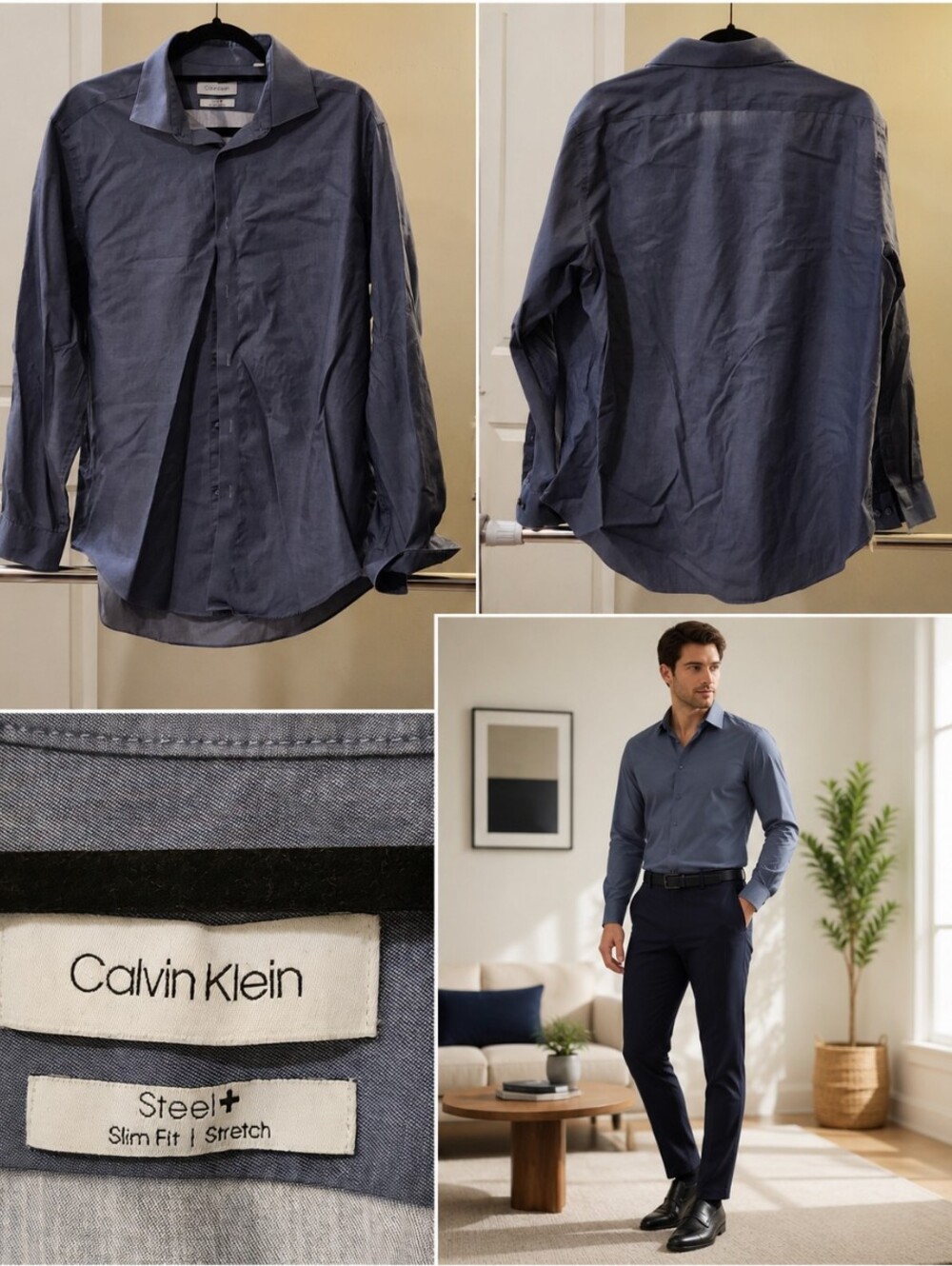 Calvin Klein Slate Blue Slim Fit Stretch Dress Shirt
